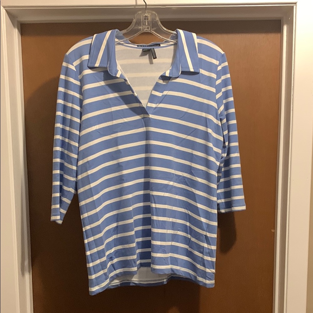 Blue and White 3/4 Sleeve Polo Blouse